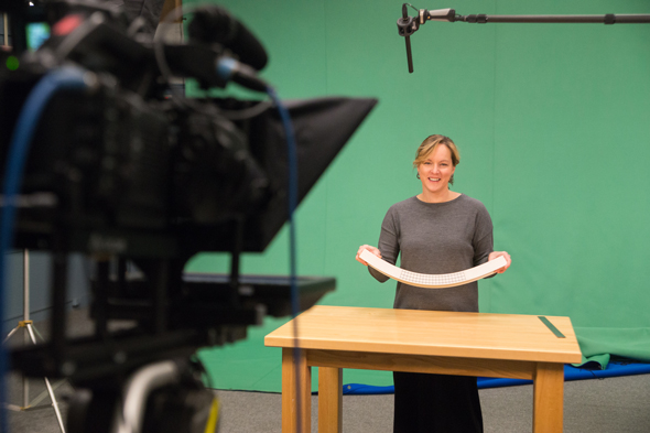 Vicki May, an associate professor at Thayer School of Engineering, during a recording session of her DartmouthX massive open online course, “The Engineering of Structures Around Us.” (Photo by Eli Burakian ’00)  