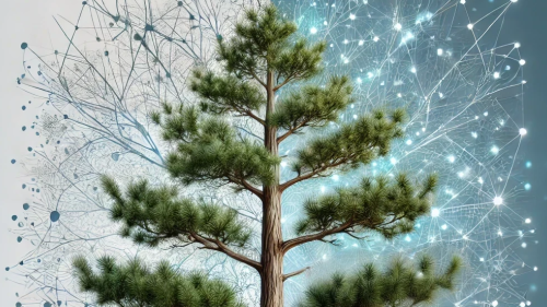 a pine tree with light nodes and network surrounding it