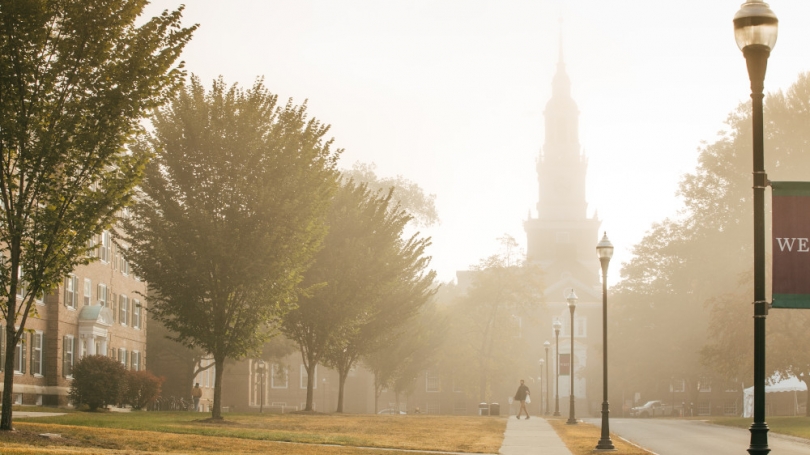 A misty campus scene