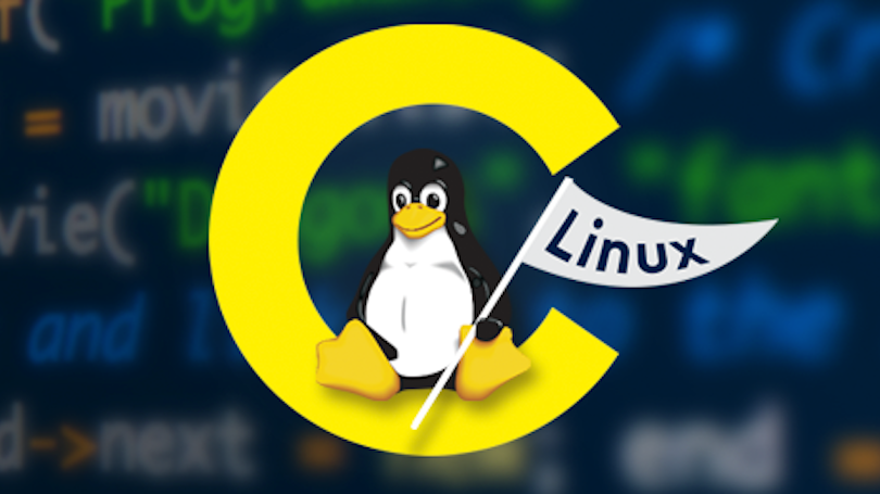 Linux penguin sitting in a letter C in front of a background of code